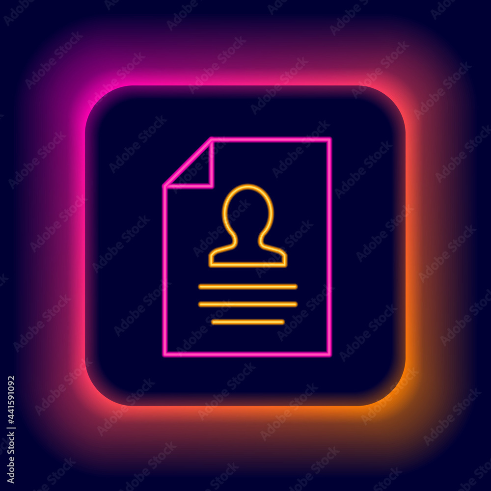 Glowing neon line Resume icon isolated on black background. CV application. Searching professional staff. Analyzing personnel resume. Colorful outline concept. Vector Glowing neon line Resume icon isolated on black background. CV application. Searching professional staff. Analyzing personnel resume. Colorful outline concept. Vector