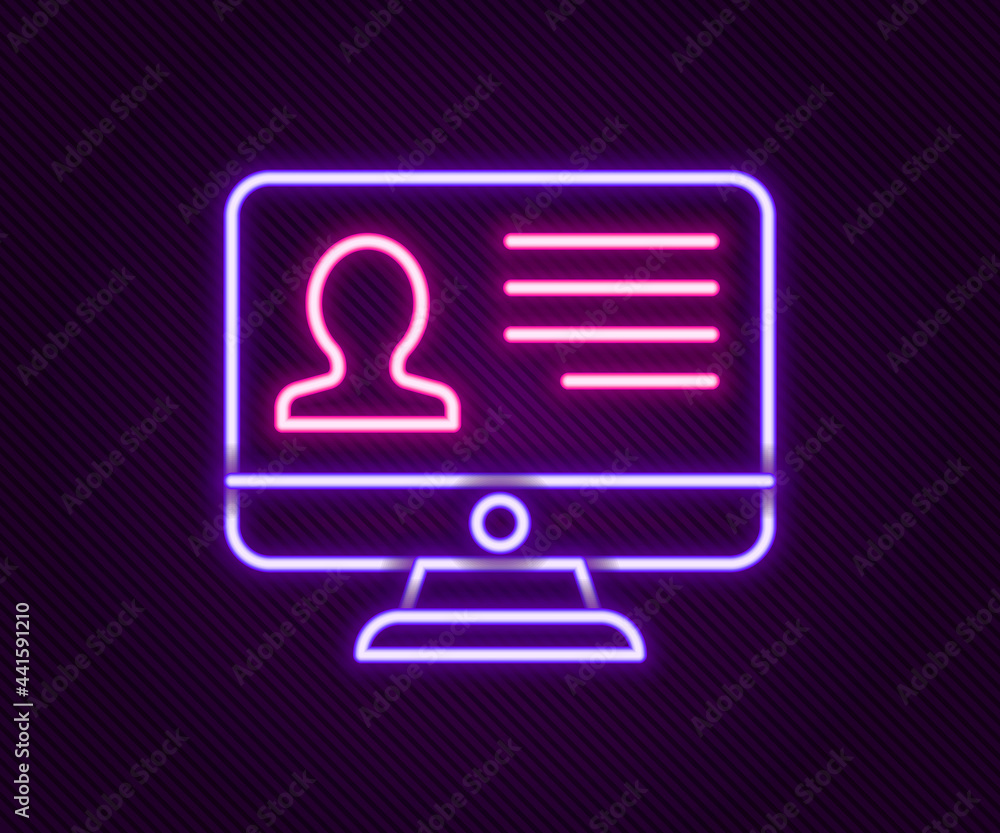 Glowing neon line Computer monitor with resume icon isolated on black background. CV application. Searching professional staff. Analyzing personnel resume. Colorful outline concept. Vector Glowing neon line Computer monitor with resume icon isolated on black background. CV application. Searching professional staff. Analyzing personnel resume. Colorful outline concept. Vector