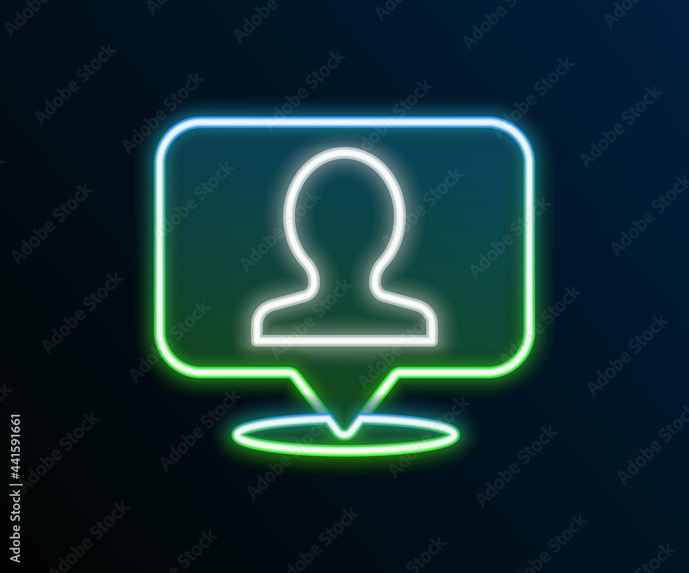 Glowing neon line Map marker with a silhouette of a person icon isolated on black background. GPS location symbol. Colorful outline concept. Vector Glowing neon line Map marker with a silhouette of a person icon isolated on black background. GPS location symbol. Colorful outline concept. Vector