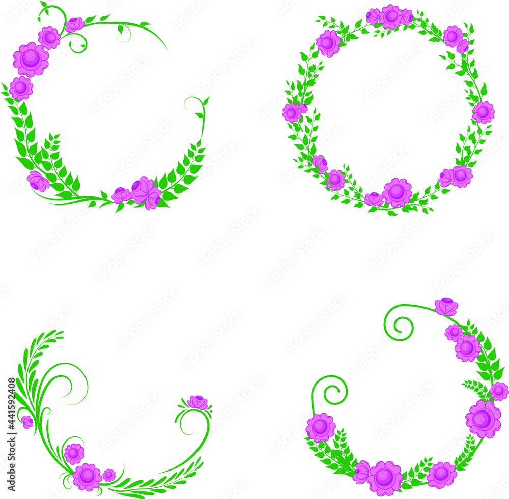 Floral wreaths of pink flowers and green leaves