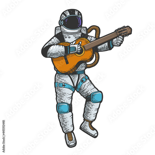 Astronaut in spacesuit play guitar color line art sketch engraving vector illustration. T-shirt apparel print design. Scratch board style imitation. Black and white hand drawn image.