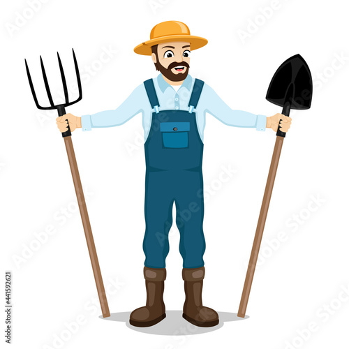 Illustration of a farmer with a pitchfork and a shovel in his hands on a white background.