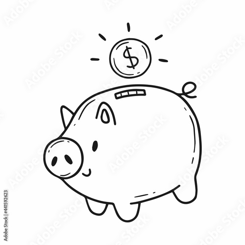 A cute piggy bank piggy bank with a coin in a simple black and white doodle style. Vector illustration isolated on background.