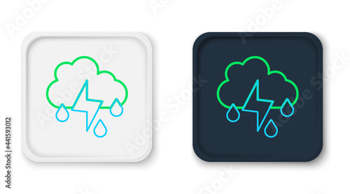 Line Cloud with rain and lightning icon isolated on white background. Rain cloud precipitation with rain drops.Weather icon of storm. Colorful outline concept. Vector