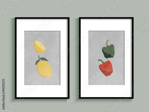 Collection of contemporary art for wall decoration with lemons and bell peppers. Printable wall art.