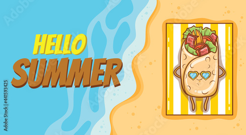 Cute kebab sunbathing on the beach with a summer greeting banner