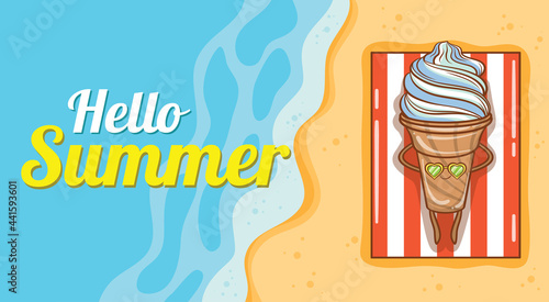 Cute ice cream sunbathing on the beach with a summer greeting banner