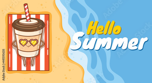 Cute coffee cup sunbathing on the beach with a summer greeting banner