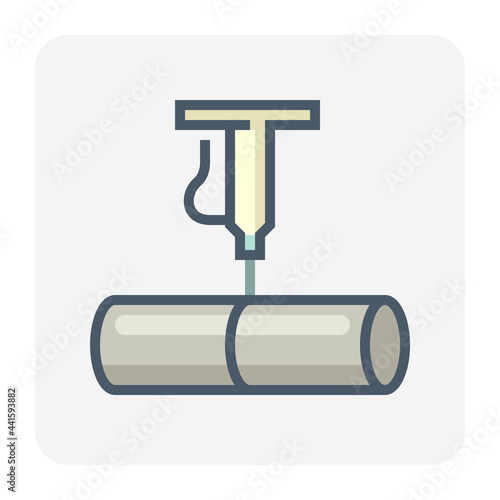 Steel or metal production industry vector icon. Consist of laser cutter machine equipment, tube or pipe product, cutting work. That manufacture, process and technology in metallurgy factory. 64x64 px.