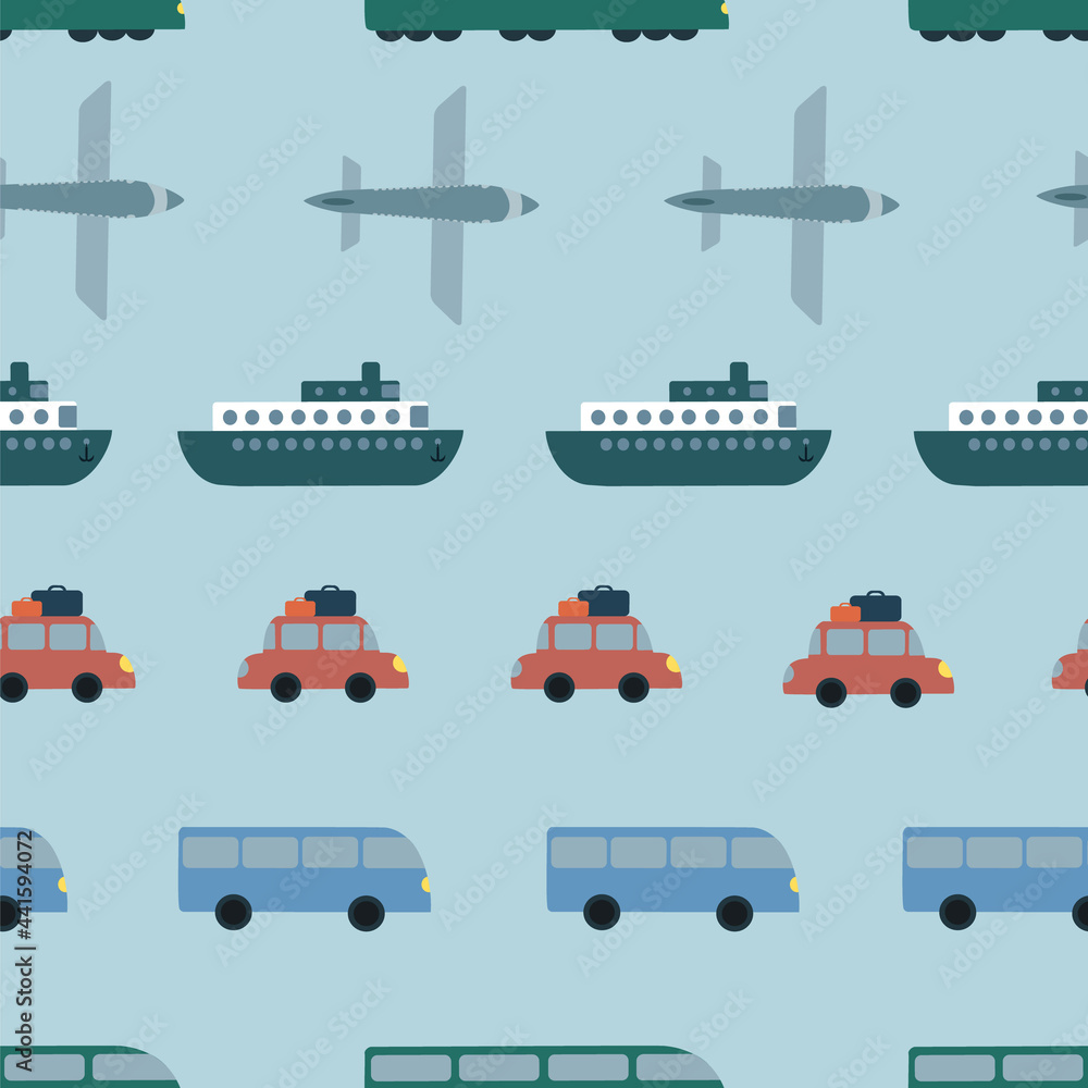 Seamless vector pattern with bus, plane, car, train, ship moving in lines on light blue background. Kids pattern for textile, wrapping paper, backdrops. Seamless vector pattern with bus, plane, car, train, ship moving in lines on light blue background. Kids pattern for textile, wrapping paper, backdrops.
