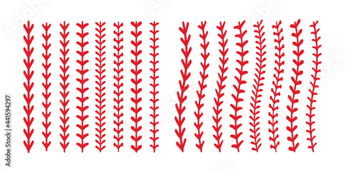 The red stitch or stitching of the baseball Isolated on white background.