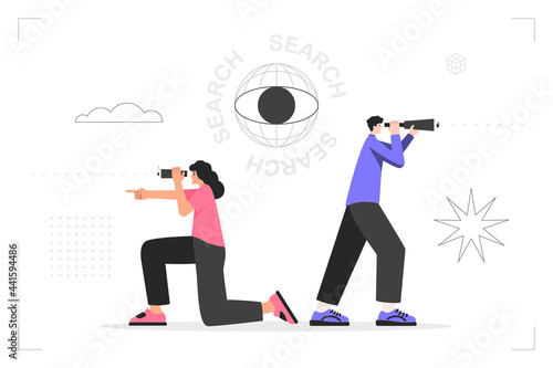 Choosing a direction for development, searching for a business idea, a future goal. A man with a telescope in his hands and a woman with binoculars look in search. Vector trendy flat illustrations