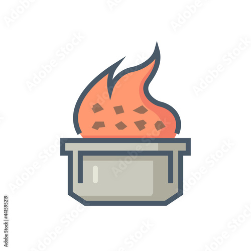 Smelting burning or heating vector icon. Consist of ore, fire and crucible. Process for casting in metallurgy or metallurgical production industry. In foundry, furnace or factory plant. 64x64 pixel.
