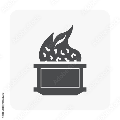 Smelting burning or heating vector icon. Consist of ore, fire, crucible or container. Process for casting in metallurgy or metallurgical production industry. In foundry, furnace or factory plant.
