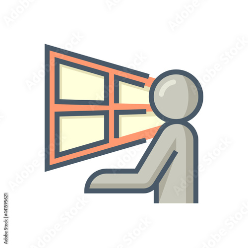 Operator man and computer vector icon. Consist of monitor screen, system technology for production control room and command center. To display video from cctv camera, sound radio and data. 64x64 pixel