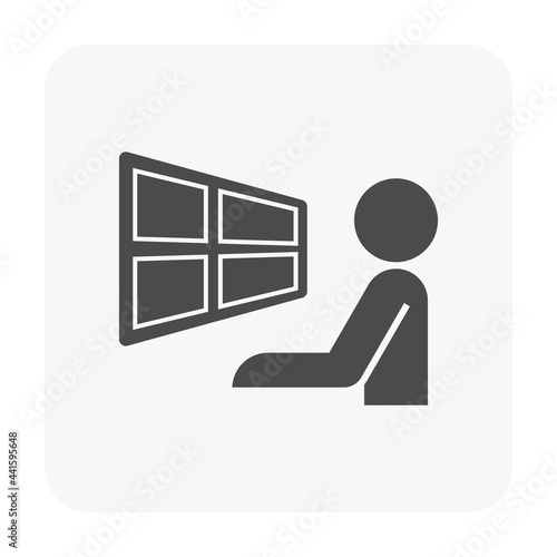 Operator man and computer vector icon. Consist of monitor screen, system technology for production control room and command center. To display video from cctv camera, sound radio and information data.