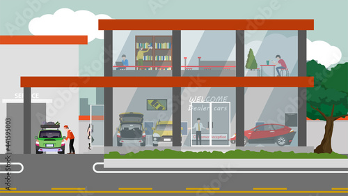 Car showroom building. showroom or dealership. Rest area service while waiting for car repairs. Receiving a car for inspection by a skilled technician. Service point on the road.