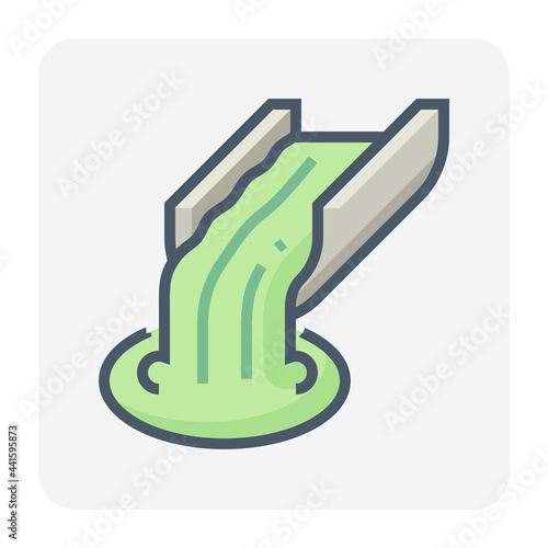 Metallurgy or metallurgical production industry vector icon. Molten iron or heat liquid flow in mill from blast furnace. Casting smelting of metal, iron or steel in foundry or factory plant. 64x64 px.