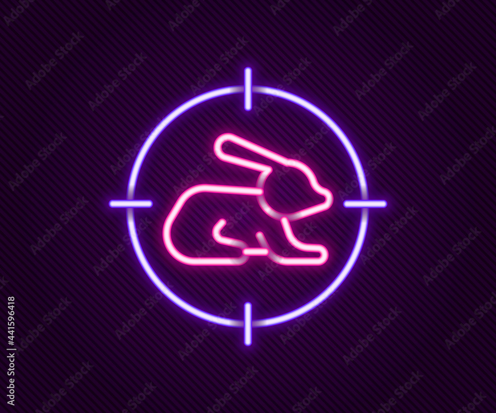 Glowing neon line Hunt on rabbit with crosshairs icon isolated on black background. Hunting club logo with rabbit and target. Rifle lens aiming a hare. Colorful outline concept. Vector Glowing neon line Hunt on rabbit with crosshairs icon isolated on black background. Hunting club logo with rabbit and target. Rifle lens aiming a hare. Colorful outline concept. Vector