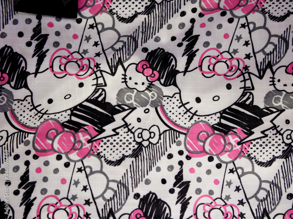 Hello Kitty texture. Hello Kitty pattern on fabric bag. Famous character.  Adorable kitten. Character from Japan. Famous Japanese kitten. фотография  Stock | Adobe Stock