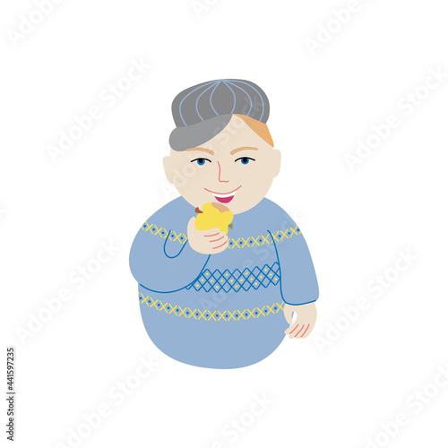 A young cheerful guy is eating an apple. A fair-skinned man from a Slavic village. Boy character smiling. The farmer has reaped the harvest. Russia, Ukraine. Isolated vector illustration.