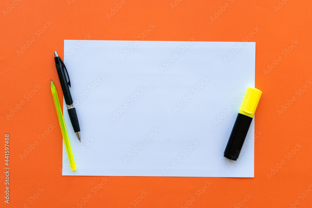 Blank sheet of paper with pens and highlighters. Concept of creativity. Blank sheet of paper with pens and highlighters. Concept of creativity.