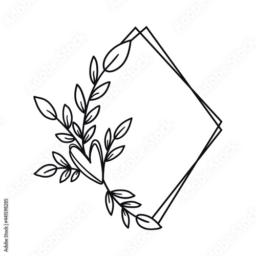 Hand drawn rhombus frame with heart and leaves.