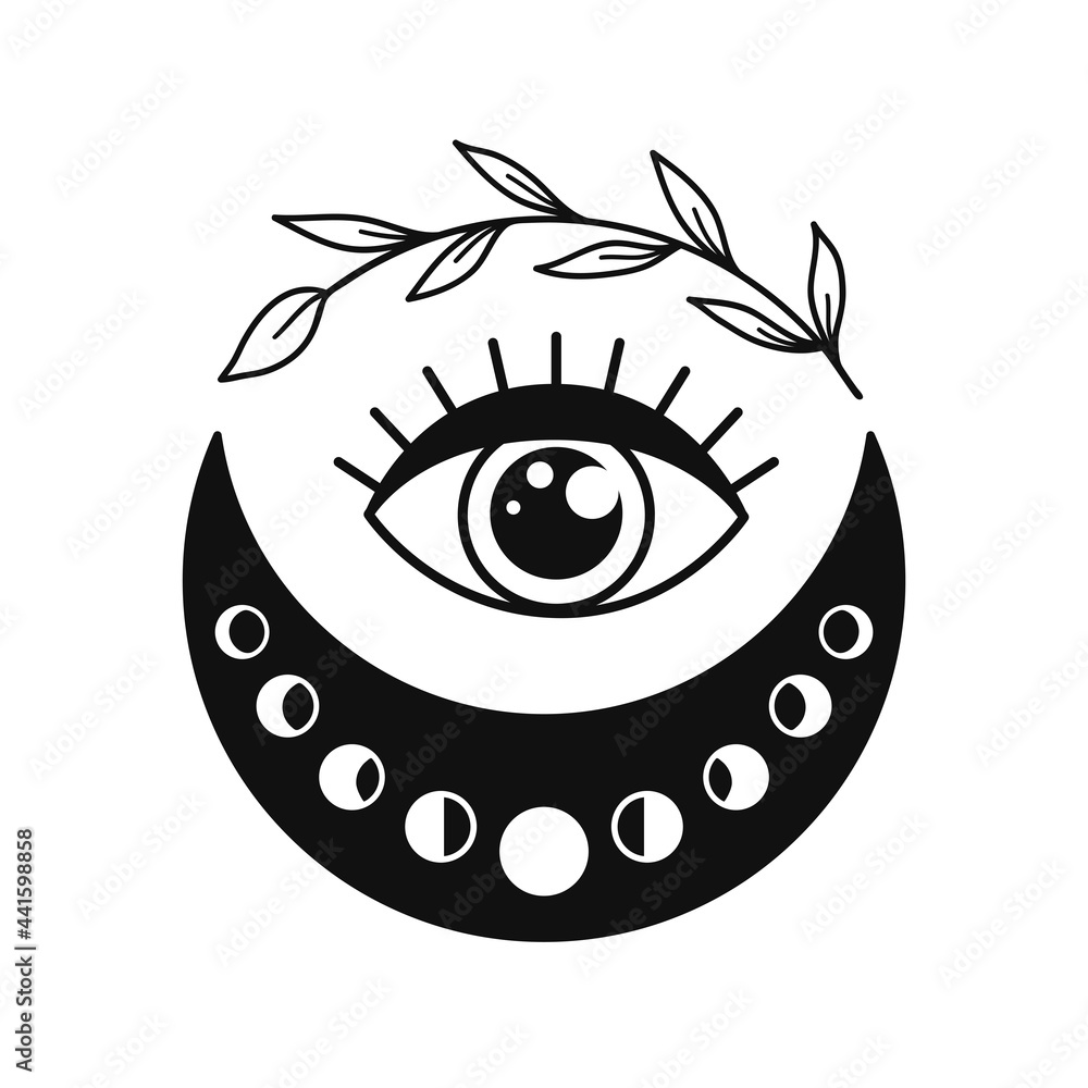 Obraz premium Hand drawn crescent moon with branch and third eye.