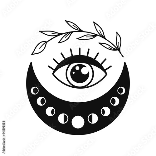 Hand drawn crescent moon with branch and third eye.