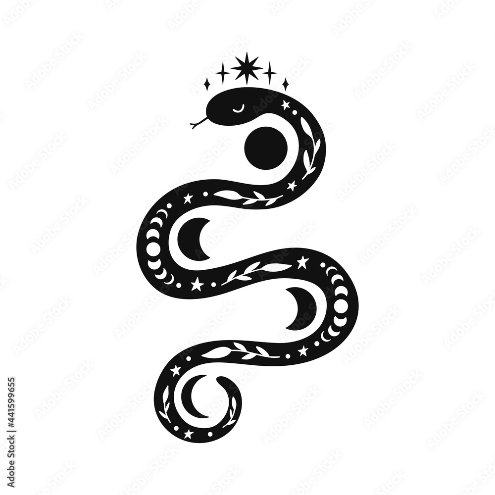 Obraz premium Mystical snake with moon phases and floral elements.