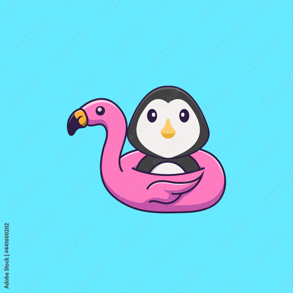 Cute penguin With flamingo buoy. Animal cartoon concept isolated. Can used for t-shirt, greeting card, invitation card or mascot. Flat Cartoon Style Cute penguin With flamingo buoy. Animal cartoon concept isolated. Can used for t-shirt, greeting card, invitation card or mascot. Flat Cartoon Style