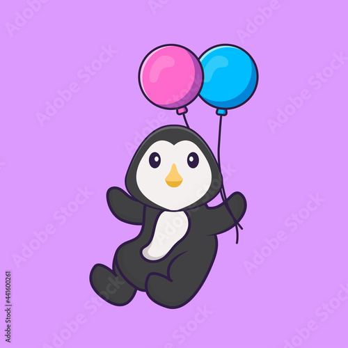 Cute penguin flying with two balloons. Animal cartoon concept isolated. Can used for t-shirt, greeting card, invitation card or mascot. Flat Cartoon Style
