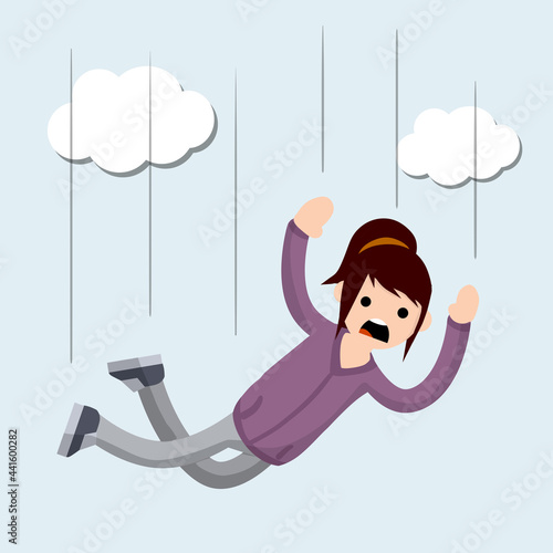 Cartoon flat illustration - screaming woman falls from height. Drop young girl. Flight among clouds. The horror and fear of heights - phobia Acrophobia.