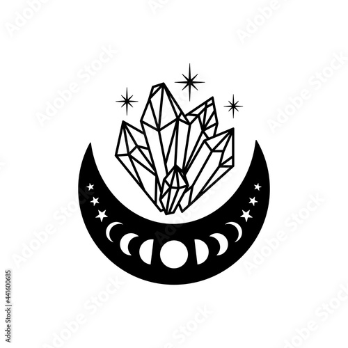 Hand drawn crescent moon with quartz crystals.