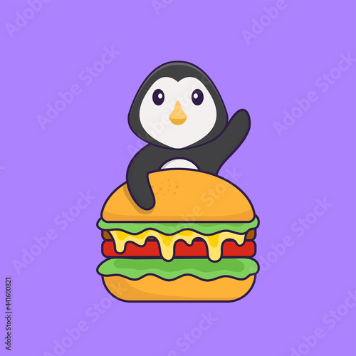 Cute penguin eating burger. Animal cartoon concept isolated. Can used for t-shirt, greeting card, invitation card or mascot. Flat Cartoon Style