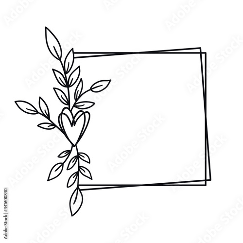 Hand drawn square frame with heart and leaves. Floral wreath clip art.
