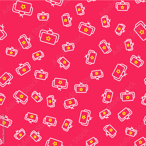 Line Ushanka icon isolated seamless pattern on red background. Russian fur winter hat ushanka with star. Soviet Union uniform of KGB and NKVD. Vector
