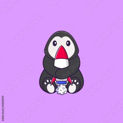 Fototapeta Naklejka Na Ścianę i Meble -  Cute penguin holding a rocket. Animal cartoon concept isolated. Can used for t-shirt, greeting card, invitation card or mascot. Flat Cartoon Style