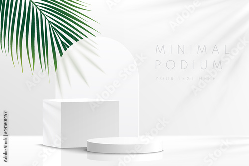 Modern white and gray geometric pedestal podium with green palm leaf. Platform in shadow. Abstract white and gray minimal wall scene. Vector rendering 3d shape cosmetic product display presentation.