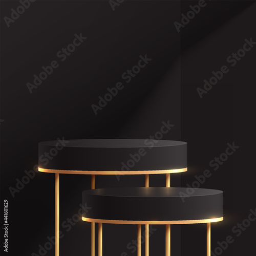 Luxury black, gold cylinder pedestal podiums. Golden table legs. Black friday sale scene with window lighting. Vector rendering 3d shapes, product display presentation. Abstract studio room.