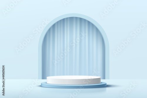 Modern white, blue cylinder pedestal podium with arch shape backdrop and blue curtains. Abstract pastel blue color minimal wall scene. Vector rendering 3d shape, cosmetic product display presentation.