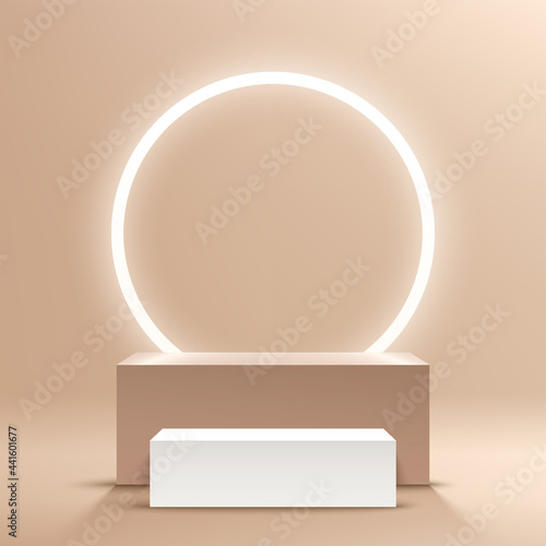 Modern white, brown cube pedestal podium with glowing neon ring backdrop. Abstract beige color minimal wall scene. Geometric platform in shadow. Vector rendering 3d shape product display presentation.