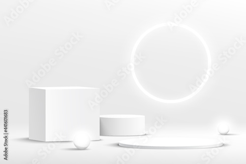 Modern white, gray geometric pedestal podium with neon sphere ball. Abstract white minimal wall scene with glowing neon ring backdrop. Vector rendering 3d shape cosmetic product display presentation