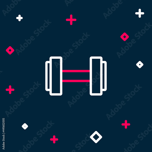 Line Dumbbell icon isolated on blue background. Muscle lifting icon, fitness barbell, gym, sports equipment, exercise bumbbell. Colorful outline concept. Vector