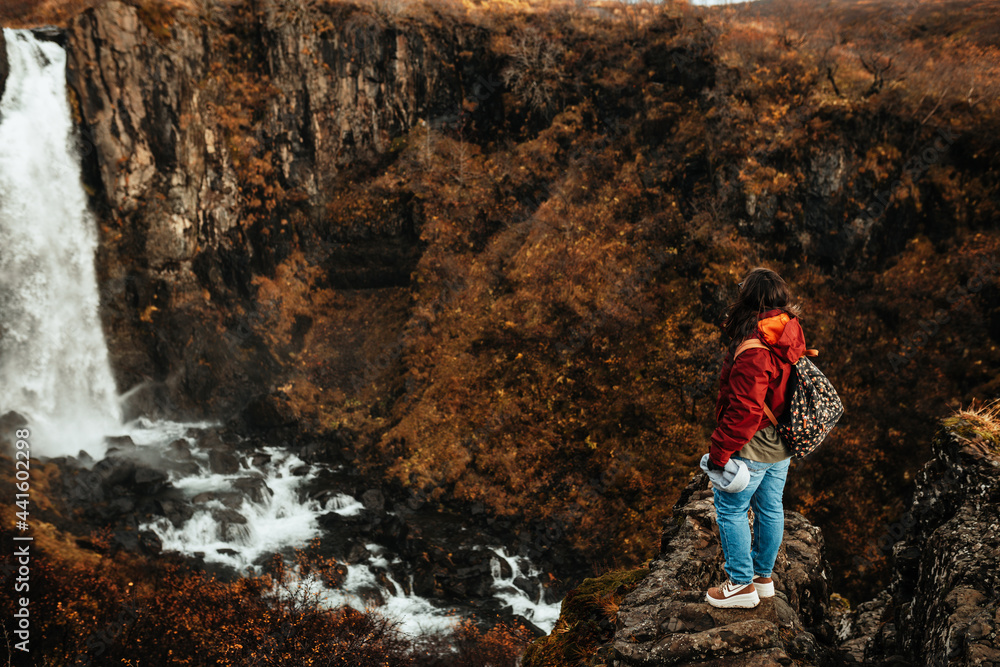 Woman in eyeglasses between wild lands with waterfall Woman in eyeglasses between wild lands with waterfall