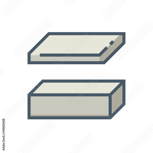 Steel product vector icon. Consist of flat bar, square rod.
That alloy of iron from steel production industry metallurgy.
For cnc milling, tool, mechanical part and building frame structure. 64x64 px.