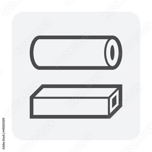Hollow structural steel or iron pipe product vector icon. 
Round and square section profile shape. Alloy of iron from steel production industry and metallurgy. Material for engineering construction.