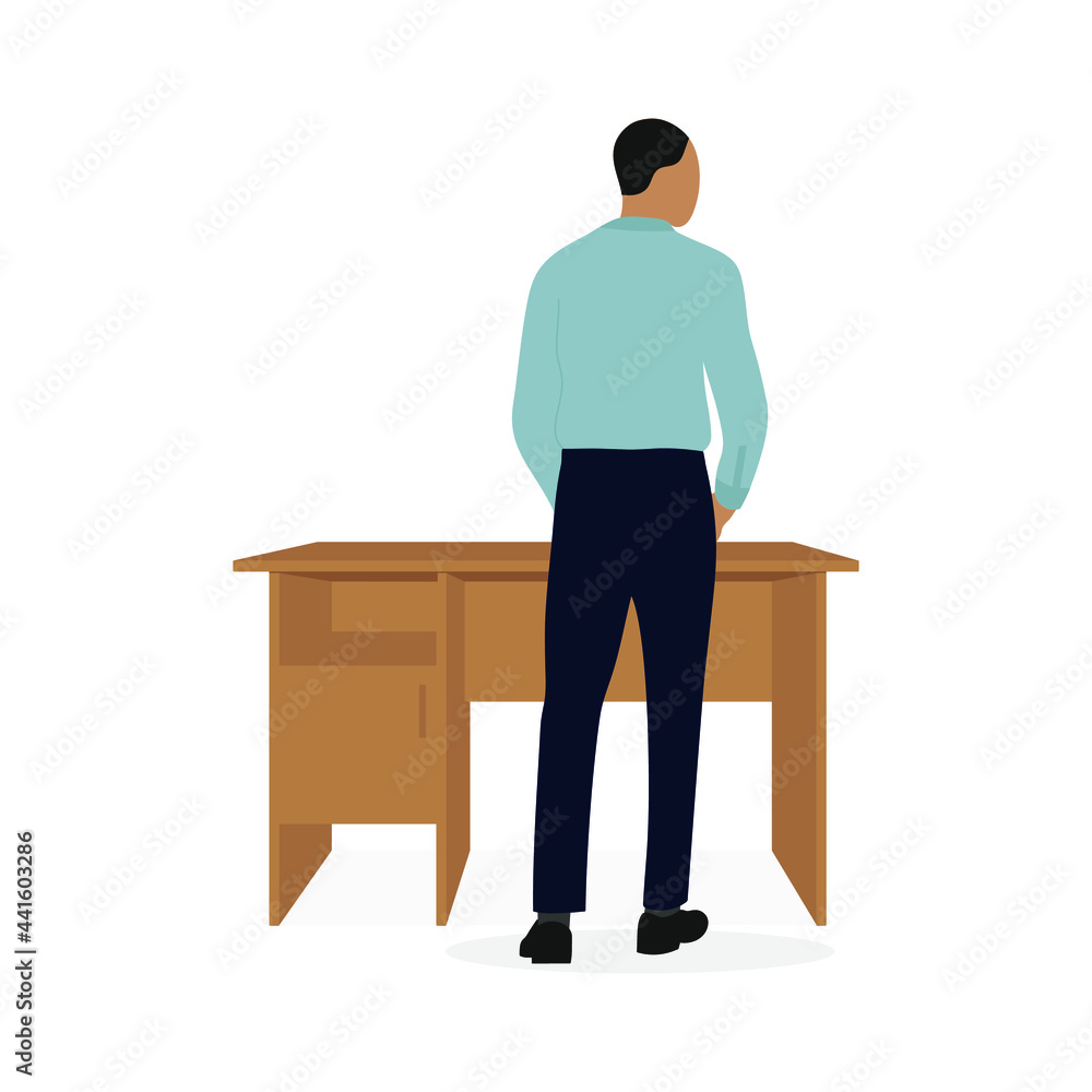 Male character in business clothes stands at a desk on a white background Male character in business clothes stands at a desk on a white background