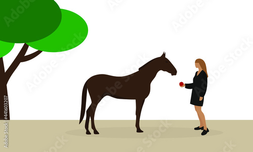 Female character giving apple to horse outdoors