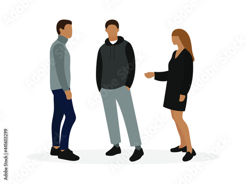 Two male characters and a female character communicate on a white background